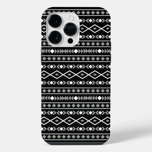 Aztec Shapes Pattern Grau Schwarz iPhone 14 Pro Max Hülle (Rückseite)