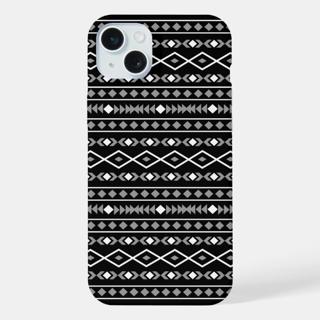 Aztec Shapes Pattern Grau Schwarz iPhone 15 Plus Hülle (Rückseite)