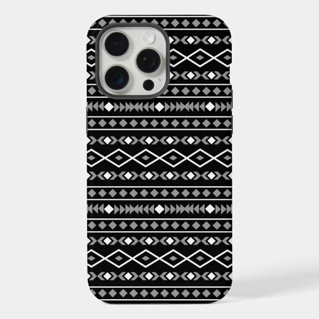 Aztec Shapes Pattern Grau Schwarz iPhone 15 Pro Max Hülle (Rückseite)