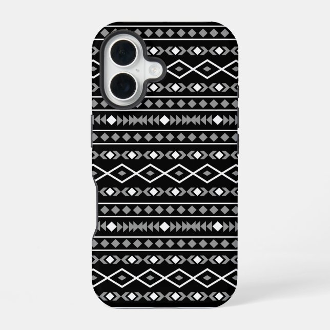 Aztec Shapes Pattern Grau Schwarz iPhone 16 Hülle (Rückseite)