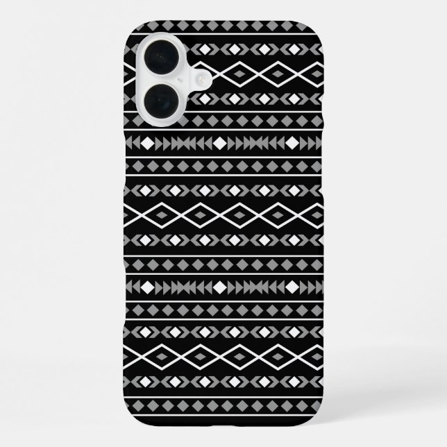 Aztec Shapes Pattern Grau Schwarz iPhone 16 Plus Hülle (Rückseite)