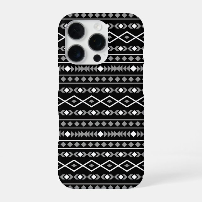 Aztec Shapes Pattern Grau Schwarz iPhone 16 Pro Hülle (Rückseite)