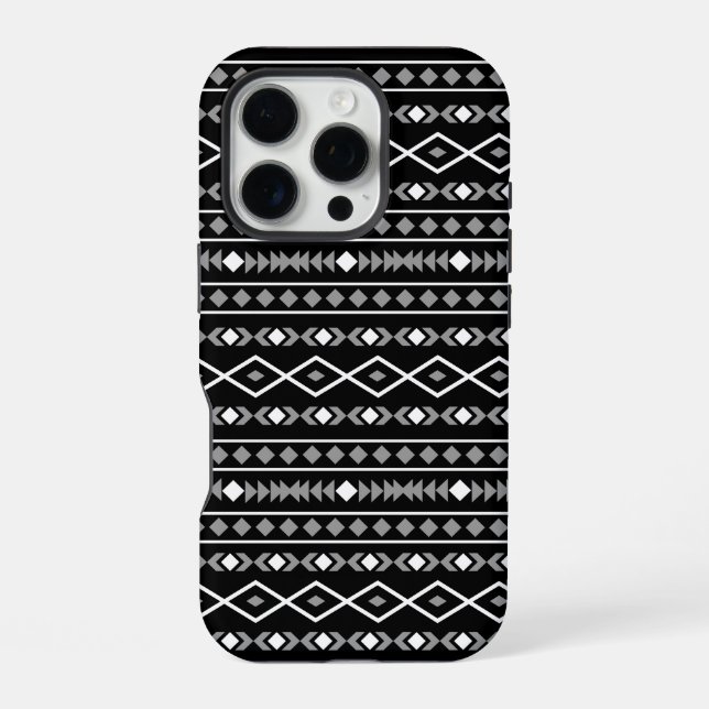 Aztec Shapes Pattern Grau Schwarz iPhone 16 Pro Hülle (Rückseite)
