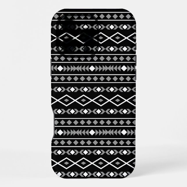Aztec Shapes Pattern Grau Schwarz iPhone 16 Pro Max Hülle (Rückseite)