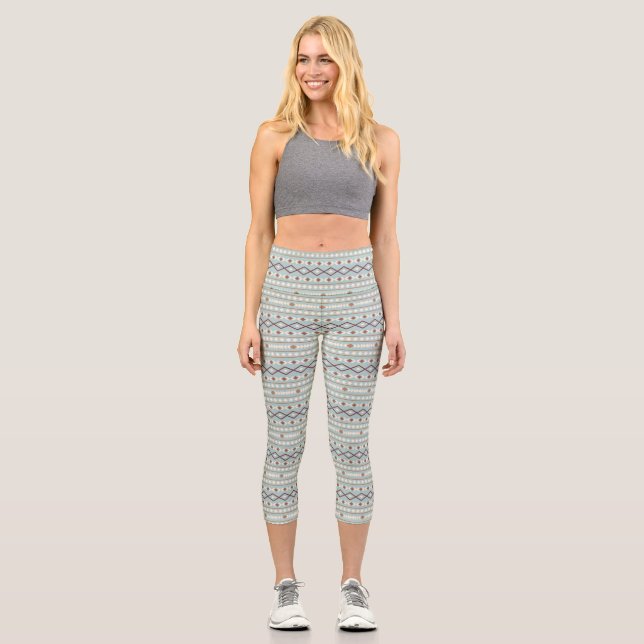 Aztec Shapes Rpt Muster Rusts Cream Aquamarin-blau Capri Leggings (Vorderseite)