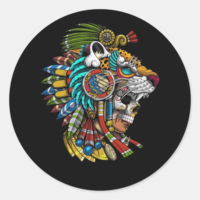 Aztec Skull Jaguar Warrior Mask Ancient Mayan Runder Aufkleber (Vorderseite)