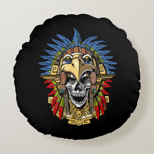 Aztec Skull Warrior Rundes Kissen (Vorderseite)