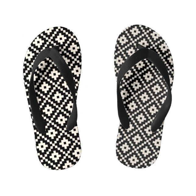 Aztec Style Block Print Black+Cream Muster Kinderbadesandalen (Fußbett)