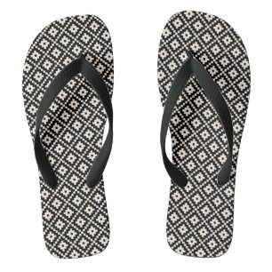Aztec Style Block Print Black+Cream Rpt Muster Flip Flops
