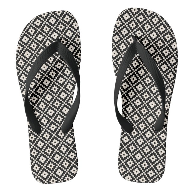 Aztec Style Block Print Black+Cream Rpt Muster Flip Flops (Fußbett)