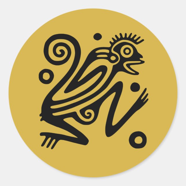 Aztec Style Mexican Monkey Black on Gold Runder Aufkleber (Vorderseite)
