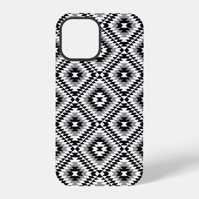 Aztec Stylized BW+Gray Symbol Pattern iPhone 12 Pro Hülle (Rückseite)