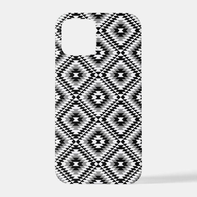Aztec Stylized BW+Gray Symbol Pattern iPhone 12 Pro Hülle (Rückseite)