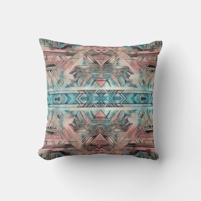Aztec Südwestpastellfarben rosa und blau Kissen (Vorderseite)