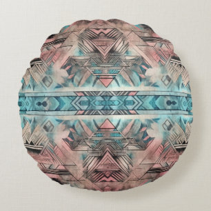 Aztec Südwestpastellfarben rosa und blau Rundes Kissen