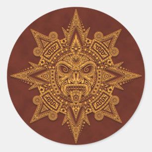 Aztec Sun Mask - Golden Red Runder Aufkleber