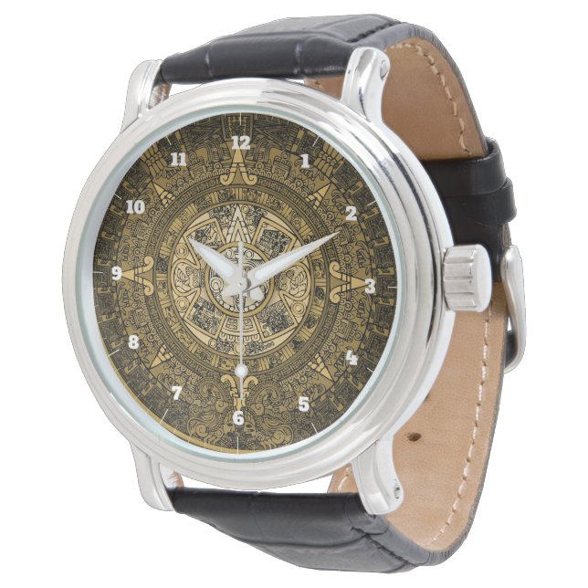 AZTEC SUN STONE CALENDAR GOLD SYMBOL ARMBANDUHR (Schrägansicht)