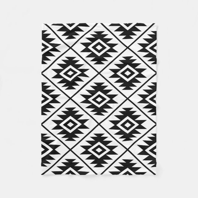 Aztec Symbol Stylisiert Big Ptn Black auf Weiß Fleecedecke (Vorderseite)