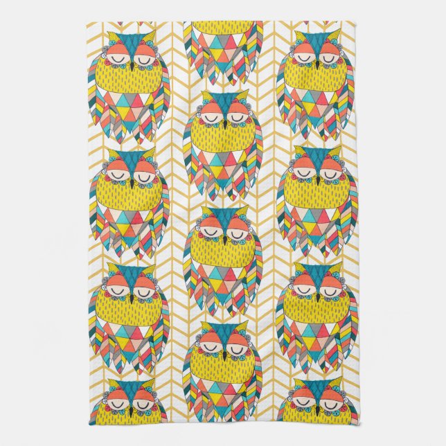 Aztec Tribal Modern Owl Illustration Geschirrtuch (Vertikal)