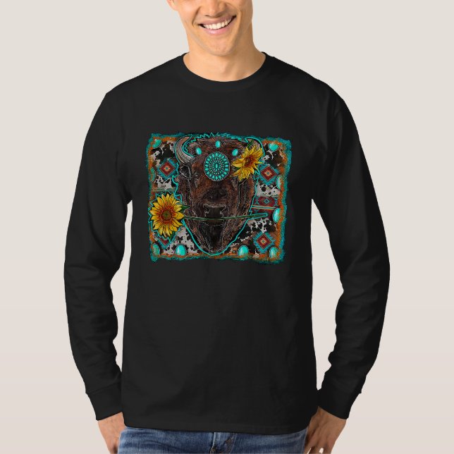 Aztec Turquoise Sunflower bison Western Rodeo Boho T-Shirt (Vorderseite)