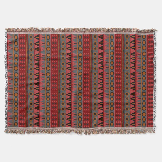 Aztec Warm Red Orange Retro Stämme Ethnisch Decke (Vorderseite)