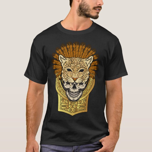 Aztec Warrior Jaguar Death Skull Native Headdress T-Shirt (Vorderseite)