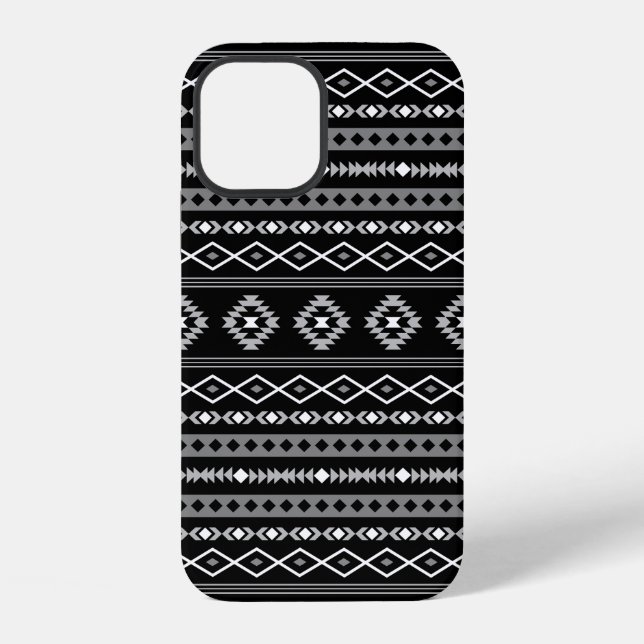 Aztec White Gray Black Mixed Motifs Muster iPhone 12 Hülle (Rückseite)