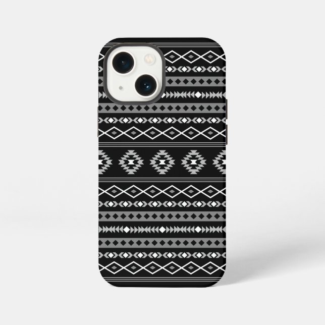 Aztec White Gray Black Mixed Motifs Muster iPhone 13 Mini Hülle (Rückseite)