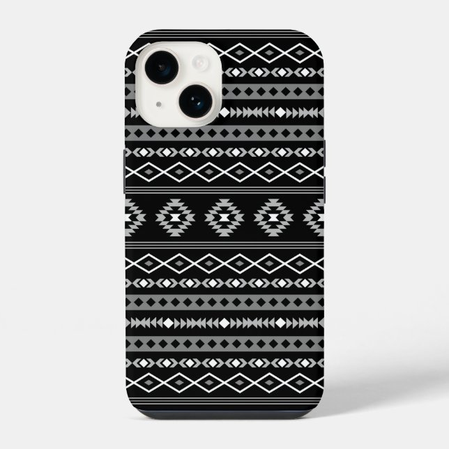 Aztec White Gray Black Mixed Motifs Muster iPhone 14 Hülle (Rückseite)