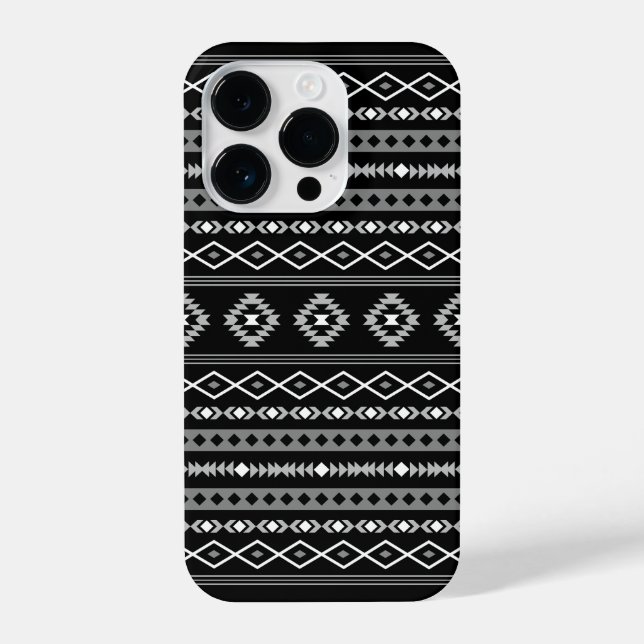 Aztec White Gray Black Mixed Motifs Muster iPhone 14 Pro Hülle (Rückseite)
