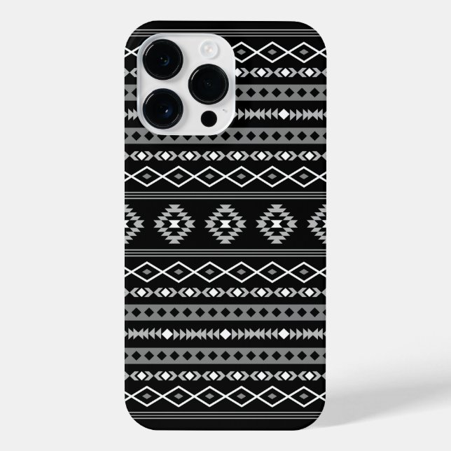 Aztec White Gray Black Mixed Motifs Muster iPhone 14 Pro Max Hülle (Rückseite)