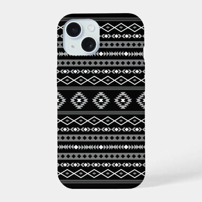 Aztec White Gray Black Mixed Motifs Muster iPhone 15 Hülle (Rückseite)