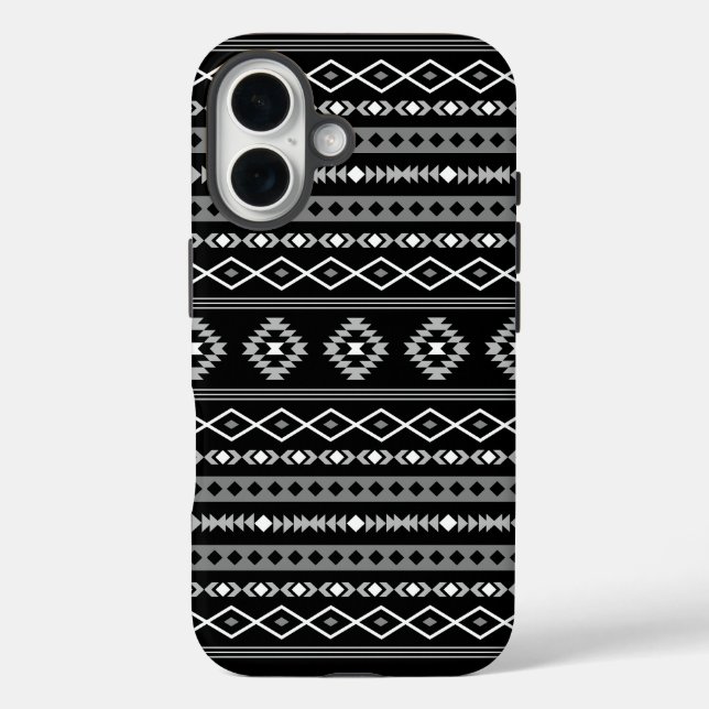 Aztec White Gray Black Mixed Motifs Muster iPhone 16 Hülle (Rückseite)
