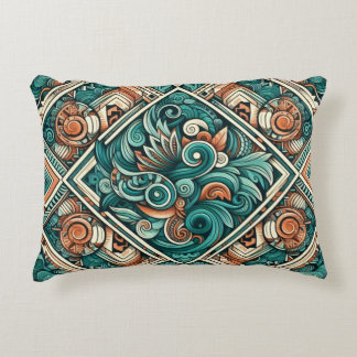 Azteken-Inspiriertes Aquamarines und Terracotta-Mu Dekokissen