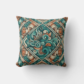 Azteken-Inspiriertes Aquamarines und Terracotta-Mu Kissen