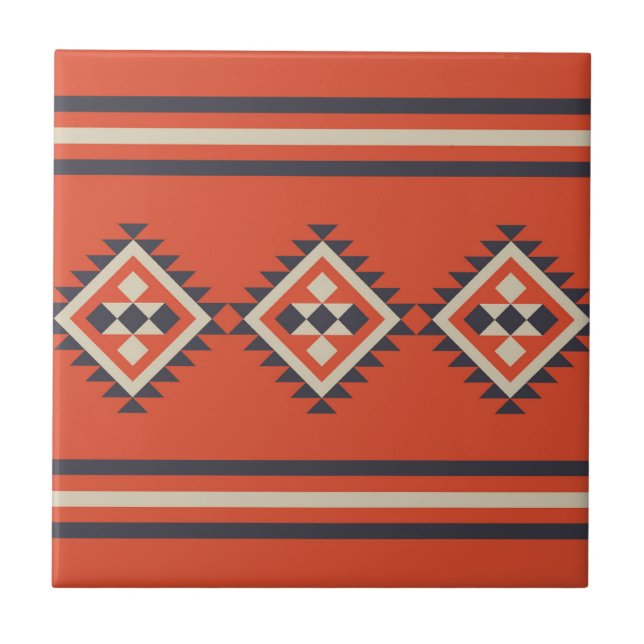 Aztekendesign in orangen, beigen und blauen Farben Fliese (Vorderseite)