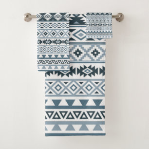 Aztekische stilisierte Muster-Grau-Blues u. Weiß Badhandtuch Set