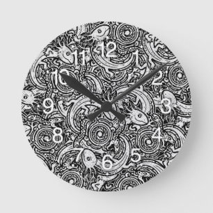 Aztekisches Axolotl Xolotl Stammesmuster Schwarz & Runde Wanduhr