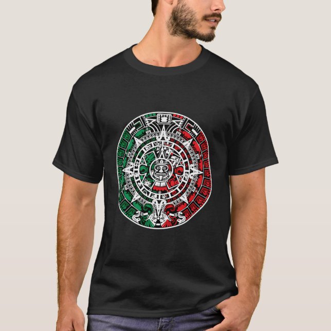 Aztekkalender mit mexikanischen Flaggenfarben für  T-Shirt (Vorderseite)