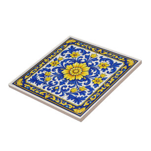 Azul Flor Dourada — Floraler Azulejo  Fliese