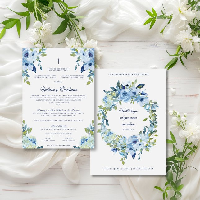 Azul Invitación de Boda Catolica Einladung (Invitación de boda católica en español con flores azules y cruz cristiana.)