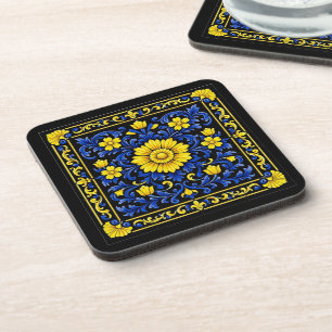Azul Oro Flor — Florales Azulejo Getränkeuntersetzer