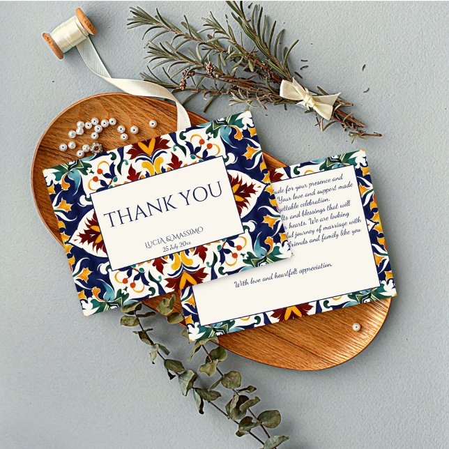 Azulejo Blau Dankeskarte (Azulejo blue Portuguese Mediterranean wedding Thank You Cards)