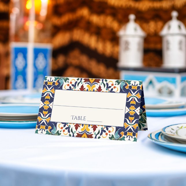 Azulejo Blau Platzkarte (Azulejo blue Portuguese tiles Mediterranean Morocco themed wedding Place Card personalized decor)