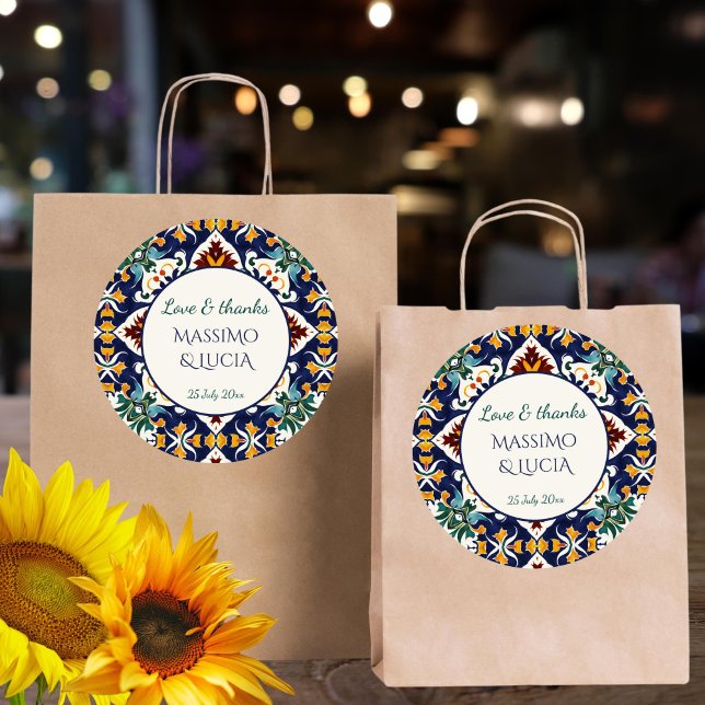 Azulejo Blau Portugiesischer Mittelmeer-Gefallen Runder Aufkleber (Azulejo blue Portuguese talavera  tiles Mediterranean wedding thank you favor Sticker)