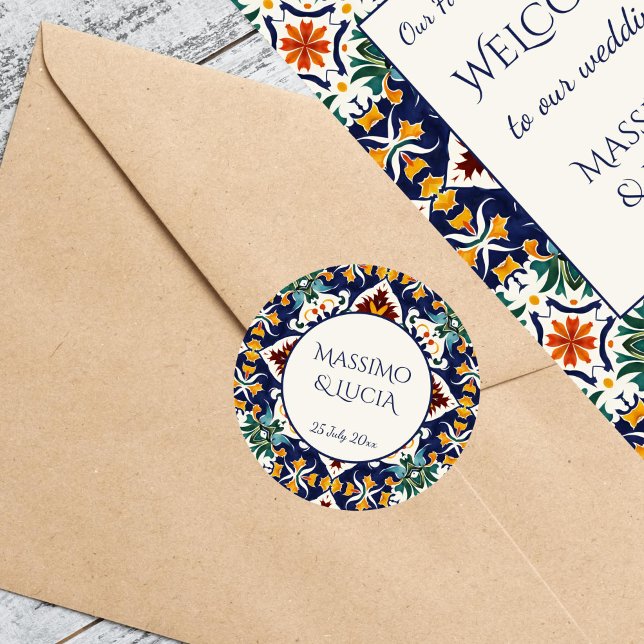 Azulejo Blau Runder Aufkleber (Azulejo blue Portuguese Morocco Turkish tiles Mediterranean wedding bride and groom names Sticker)
