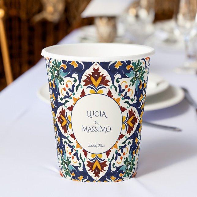 Azulejo Blauer Mittelmeertraum gedruckt Pappbecher (Azulejo blue colorful Portuguese Morocco Mediterranean wedding monogram printed Cups table decor)