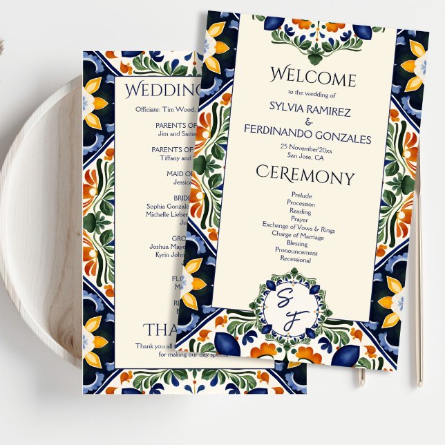 Azulejo blue Talavera (Azulejo blue Talavera vintage Mexican wedding program elegant order of events day of stationery)