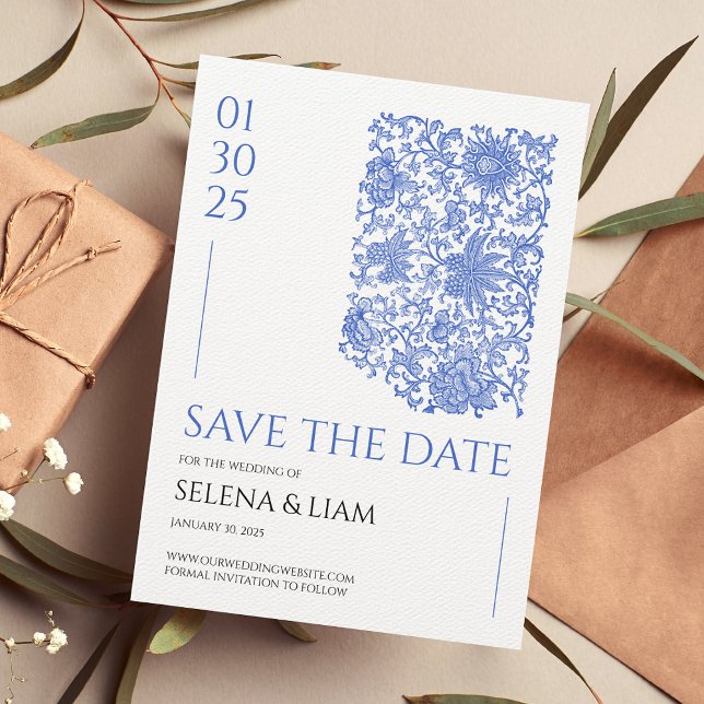 Azulejo Chinoserie Blue Floral Save the Date Postkarte (Von Creator hochgeladen)