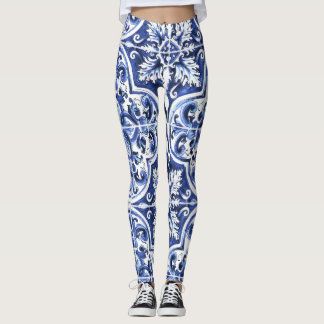 Azulejo Dolce Tile Pattern Leggings Blue Keramik